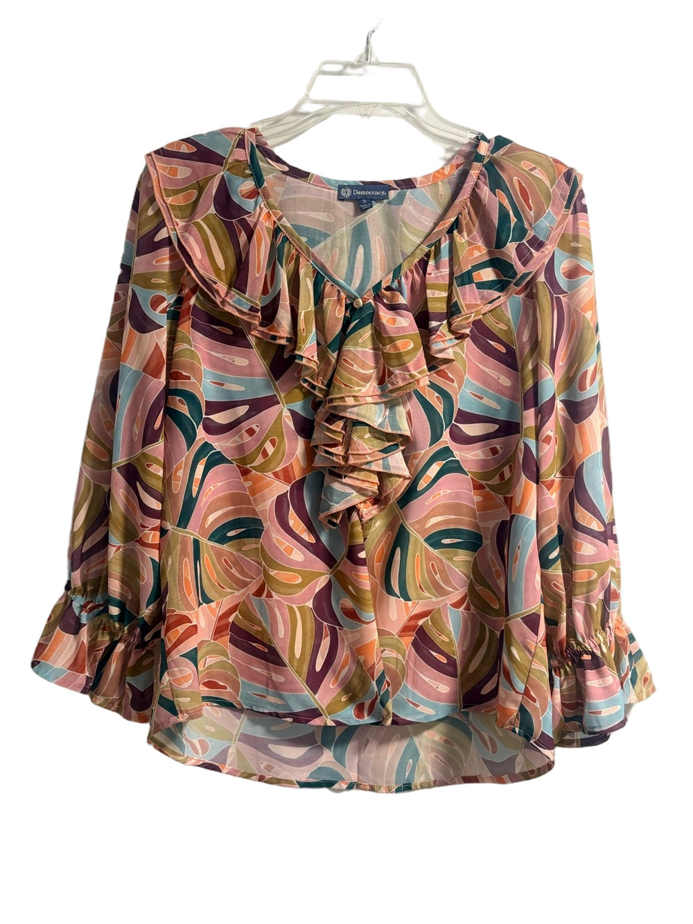 Democracy Ruffled V-Neck Printed Blouse - Multicolor Size Small